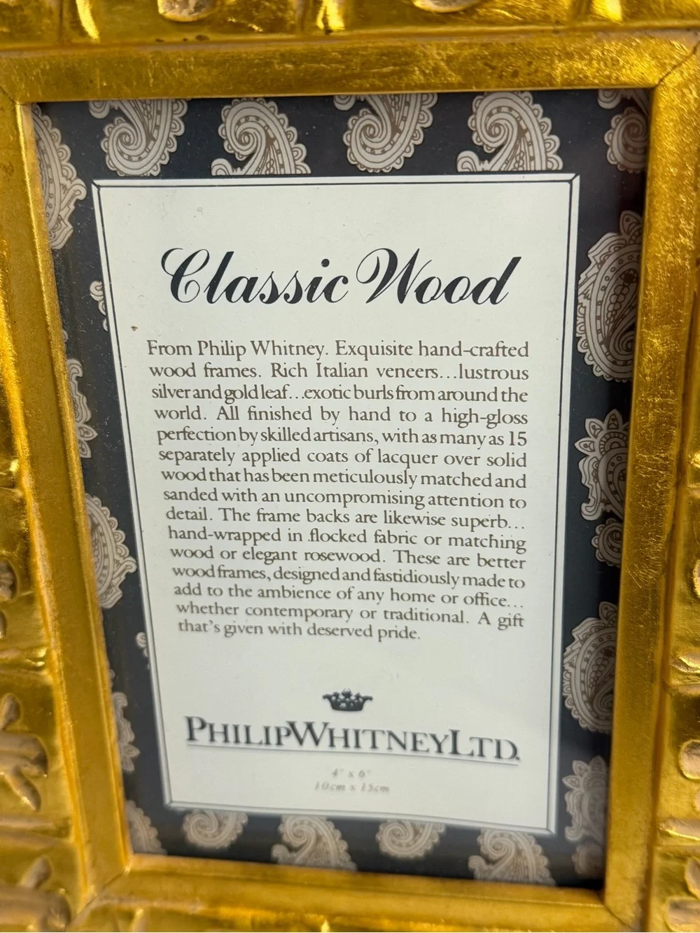 Philip Whitney Ltd Classic Wood Gold Leaf Handcrafted 4x6 Picture Frame Ornate